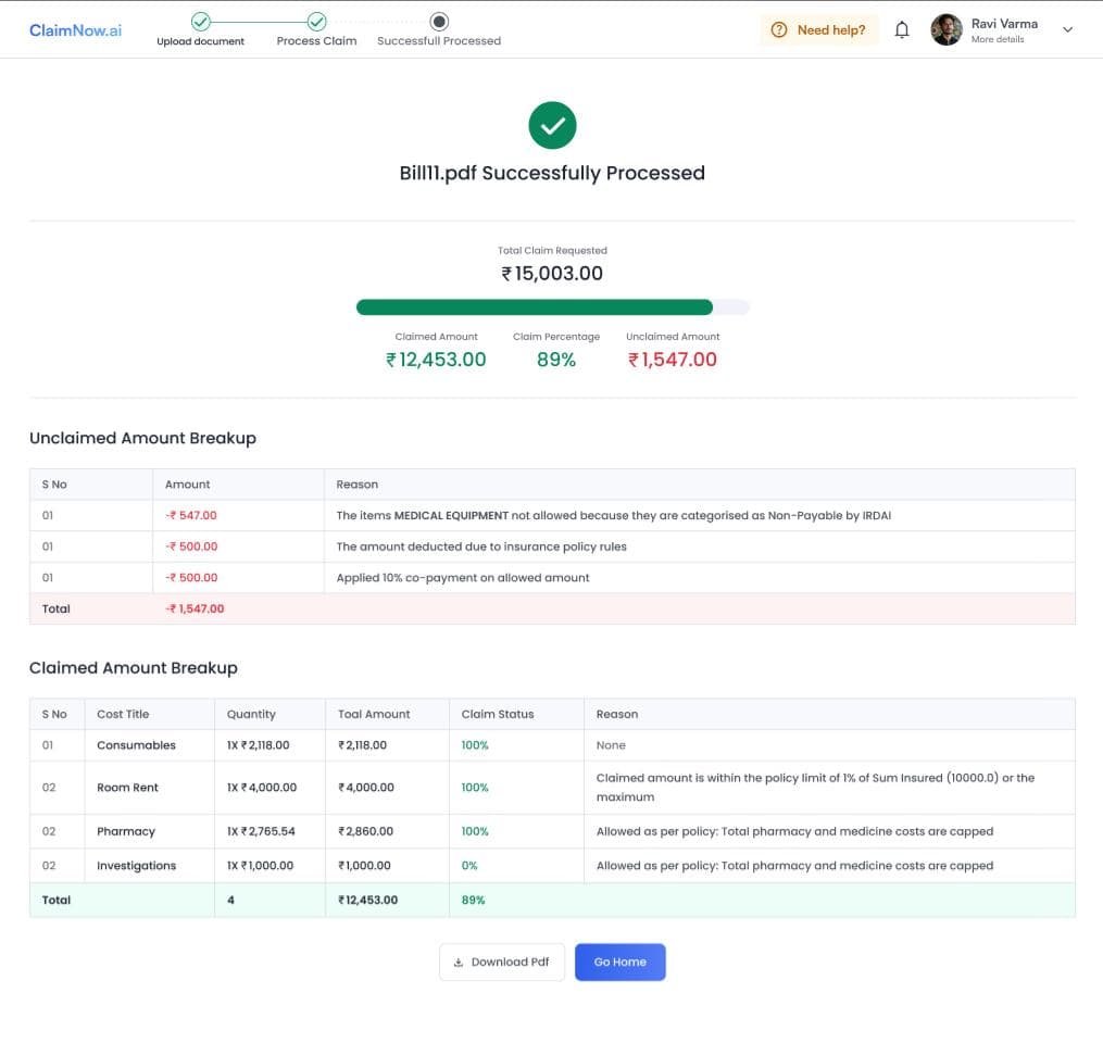 ClaimNow AI platform dashboard showing automated medical claims processing